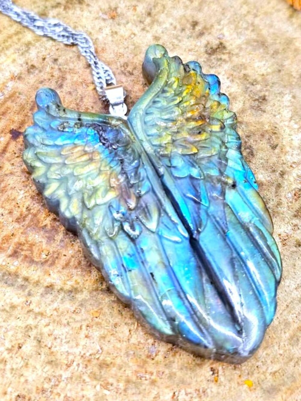 Natural Labradorite Angel Wing Pendant • Strong Flash • 1.8" Feather Necklace